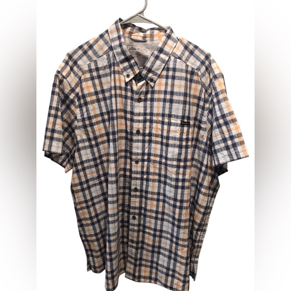 Eddie Bauer Mens 2XL Blue and Orange Check Print Casual Button Down Shirt S/S - Picture 1 of 7